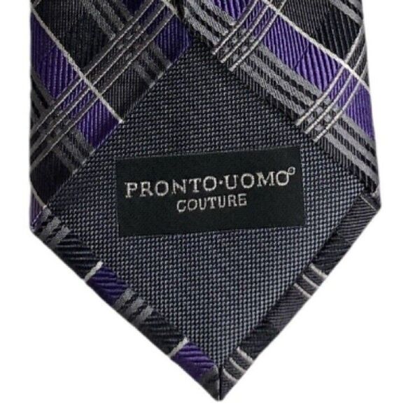 Pronto Uomo Mens Silk Tie 58 inches Tartan Plaid Purple Black White Boardroom - Picture 2 of 5
